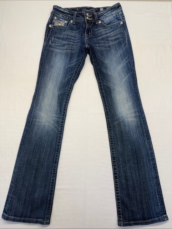 Miss Me Denim - Miss Me Dark Blue Low-rise Flare Jeans with Whiskered Fade